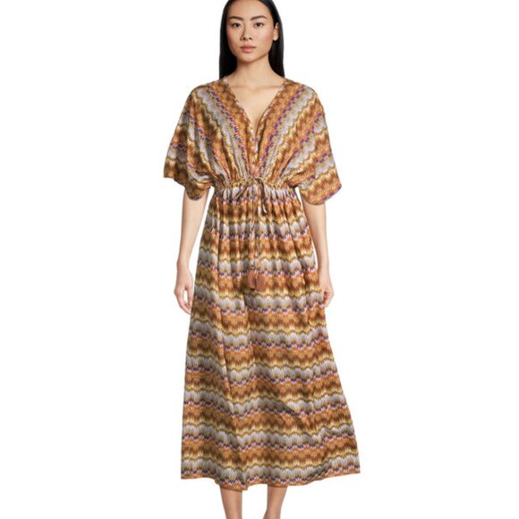 World Market Mira Brown And Purple Ritmo Geometric Kaftan Dress S/M - Picture 1 of 11